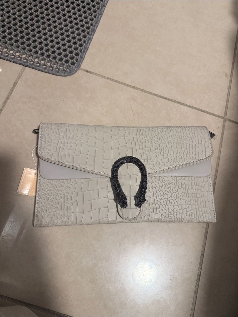 Elegant White Croc-Embossed Envelope Clutch with Black Hardware